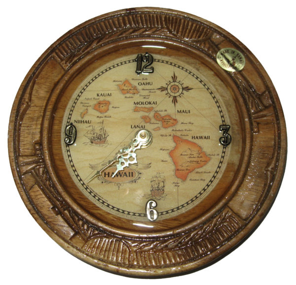 Wooden Plate Clock with Hawaiian Island Map